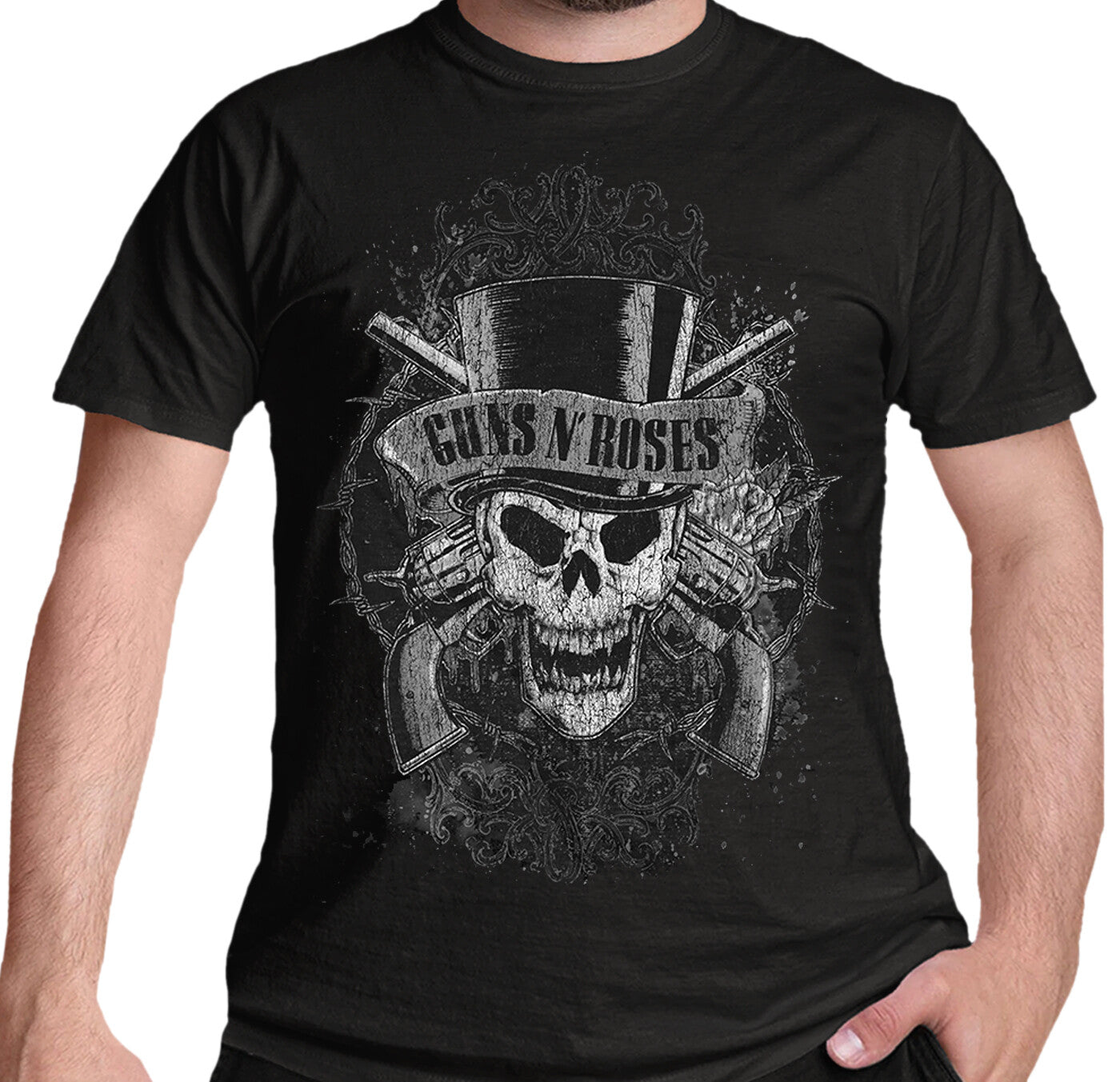 guns n roses official t shirt with a skull and guns logo design on the front