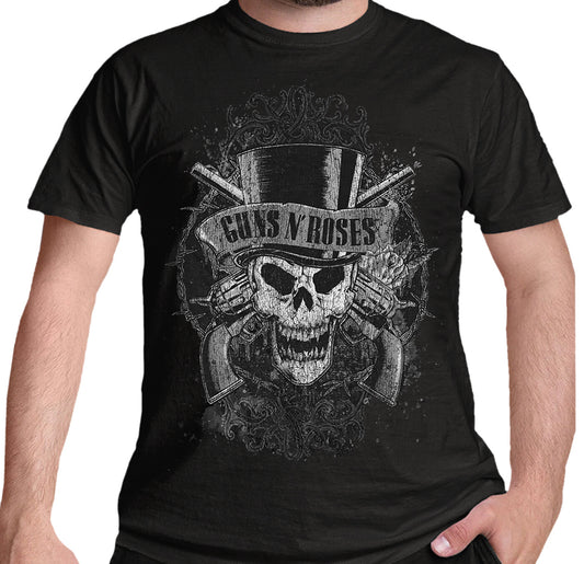 guns n roses official t shirt with a skull and guns logo design on the front