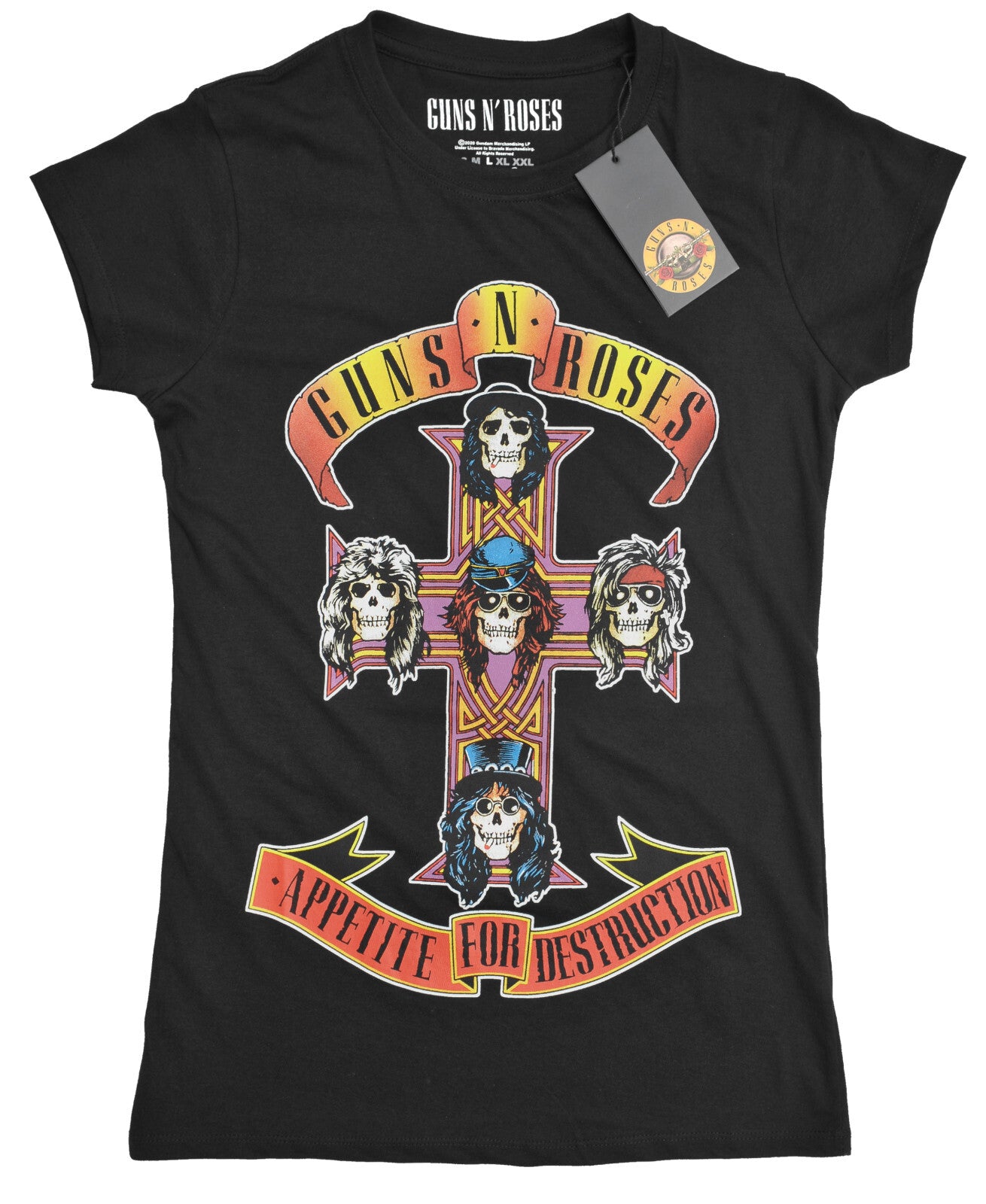 a ladies black official guns n roses t shirt with appetite for destruction cross graphic on the front