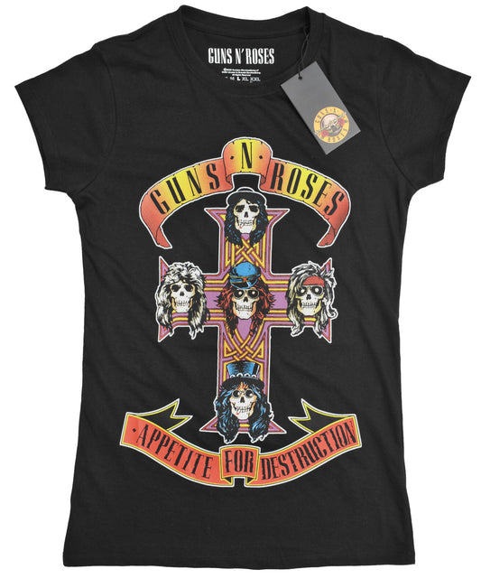a ladies black official guns n roses t shirt with appetite for destruction cross graphic on the front
