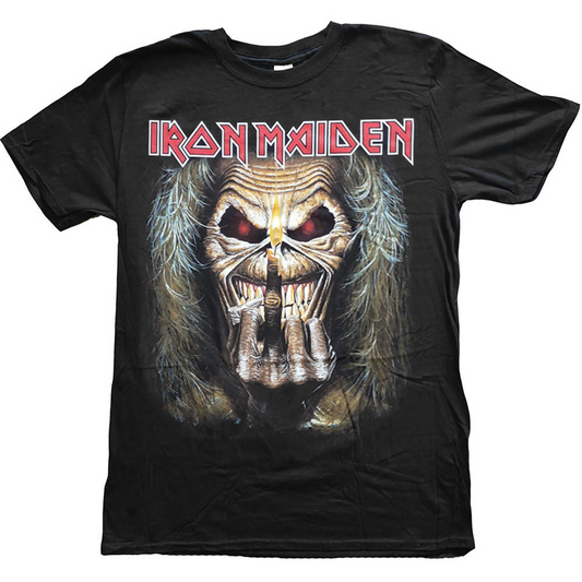 official black iron maiden t shirt with a colour graphic of Eddie showing the middle finger as a  lit candle