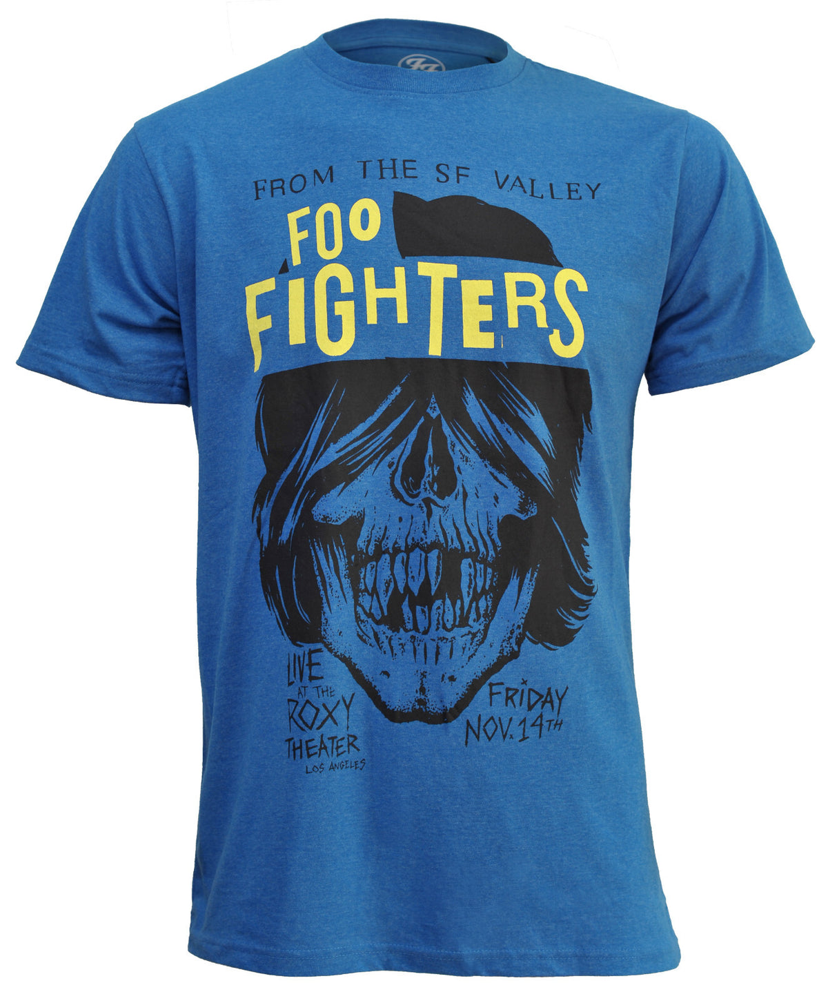 Official blue Foo Fighters t-shirt with Foo Fighters Live At The Roxy graphic concert flyer design on the front