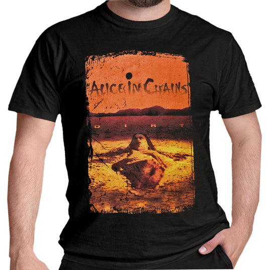 Official Alice In Chains Black t-shirt with Alice in Chains dirt album cover graphic design on front 