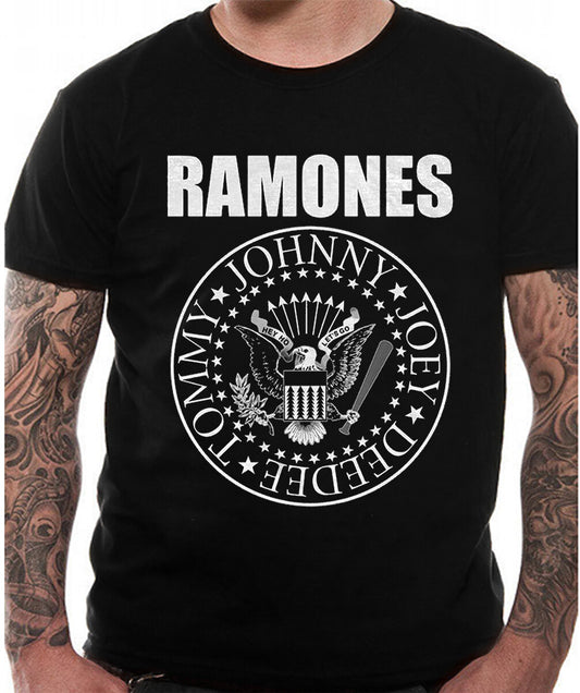 Official Ramones black cotton t shirt with ramones and the classic presidential seal graphic on the front