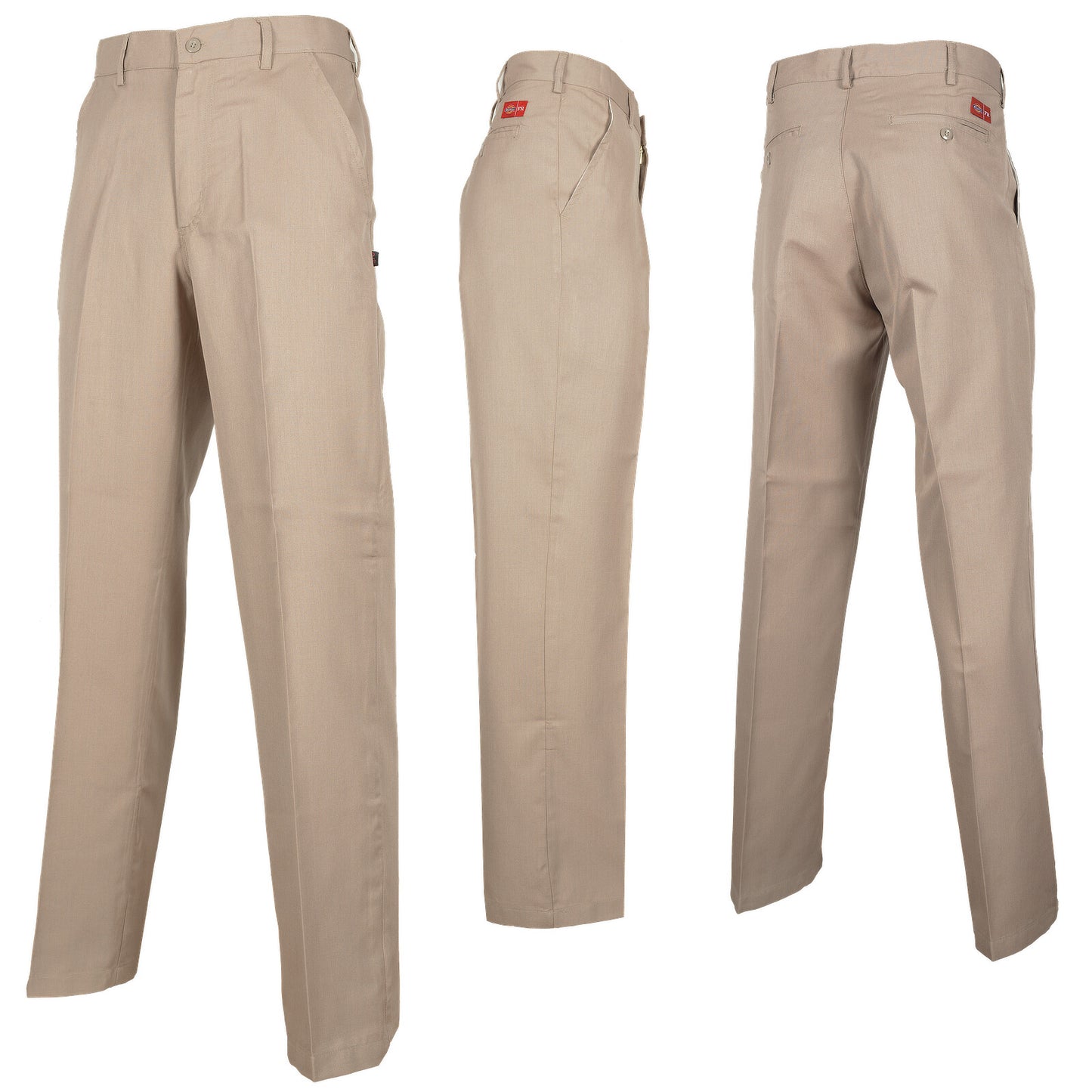 Beige Fire retardant Dickies work trousers Front side and back view