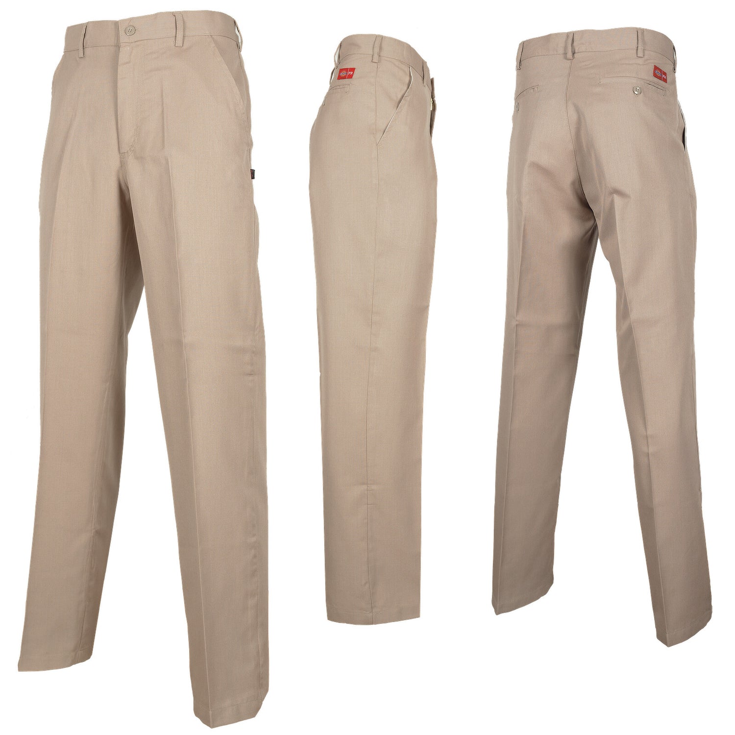 Beige Fire retardant Dickies work trousers Front side and back view