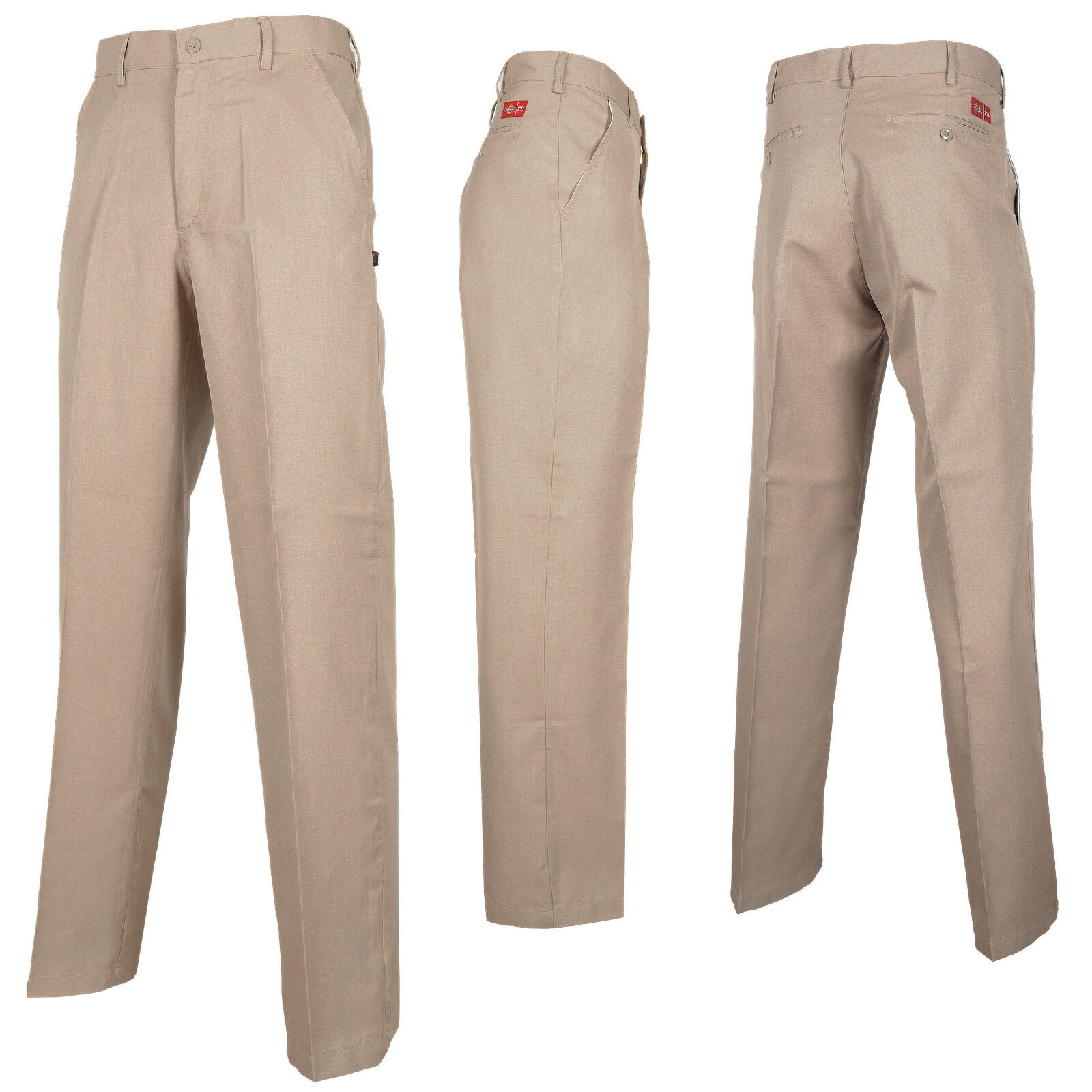 Beige Fire retardant Dickies work trousers Front side and back view