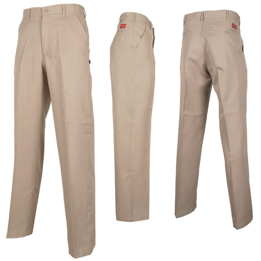 Beige Fire retardant Dickies work trousers Front side and back view