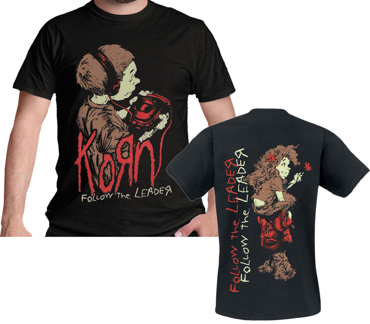Black official korn t-shirt with 'Korn' follow the leader graphic design on front and back