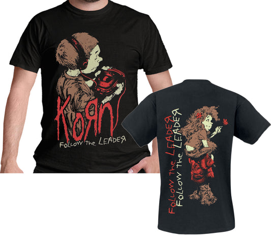 Black official korn t-shirt with 'Korn' follow the leader graphic design on front and back