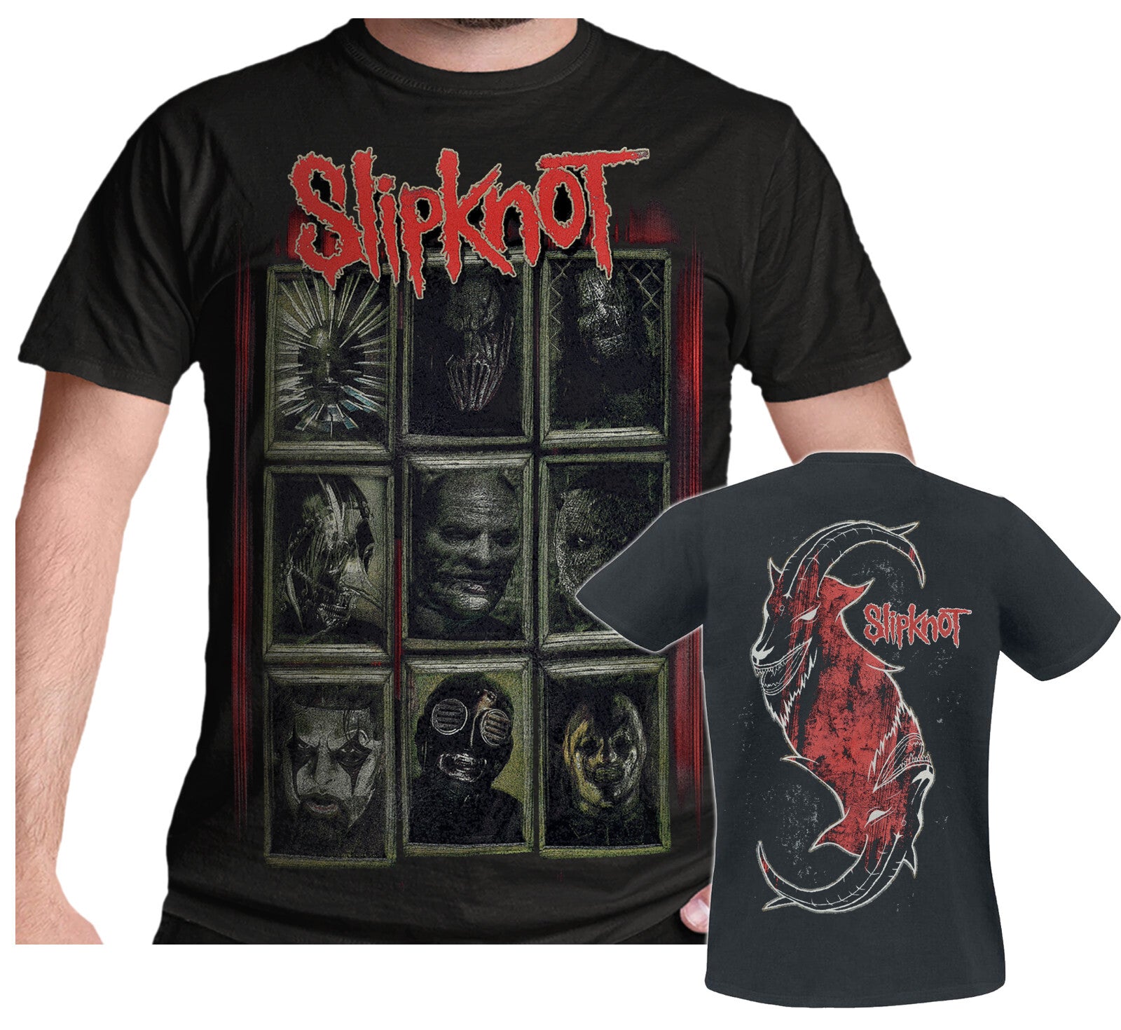 black slipknot logo t shirt with 9 members in the masks onthe front with back print of a goat and the slipknot logo on the back