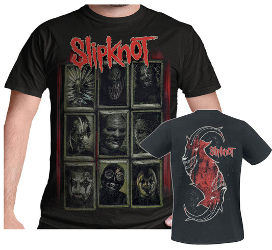 black slipknot logo t shirt with 9 members in the masks onthe front with back print of a goat and the slipknot logo on the back