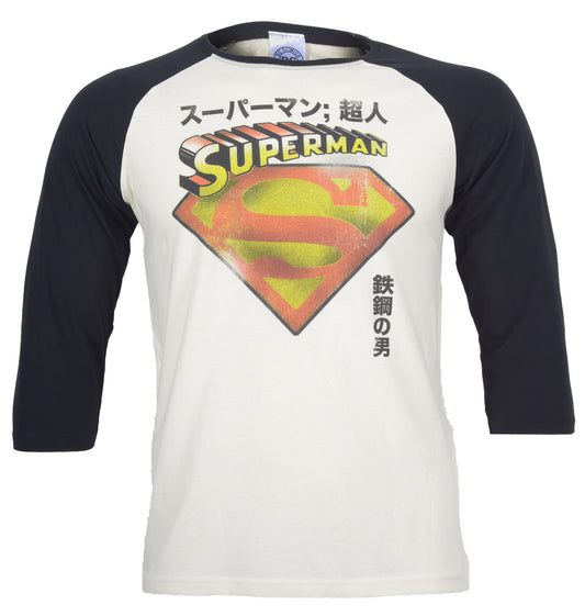 official Superman logo on a beige and black baseball shirt with Japanese text