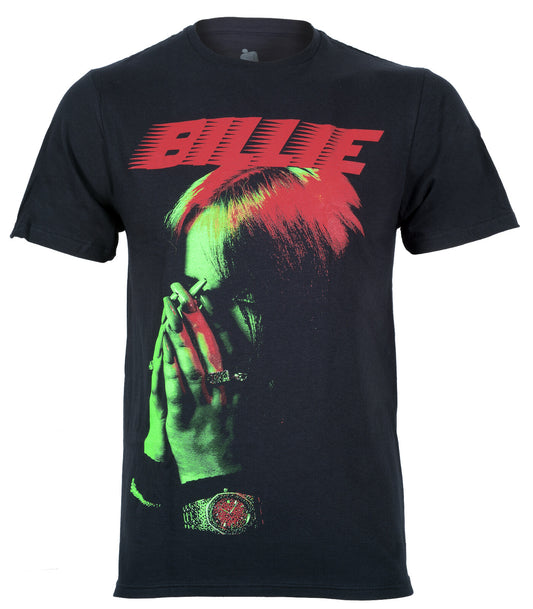 an official Billie Eilish black T Shirt with an image of Billie holding her hands up to cover her face