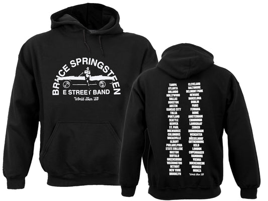 Black official Bruce Springsteen 2023 tour hoodie with Bruce Springsteen E Street Band graphic on front and tour dates on back
