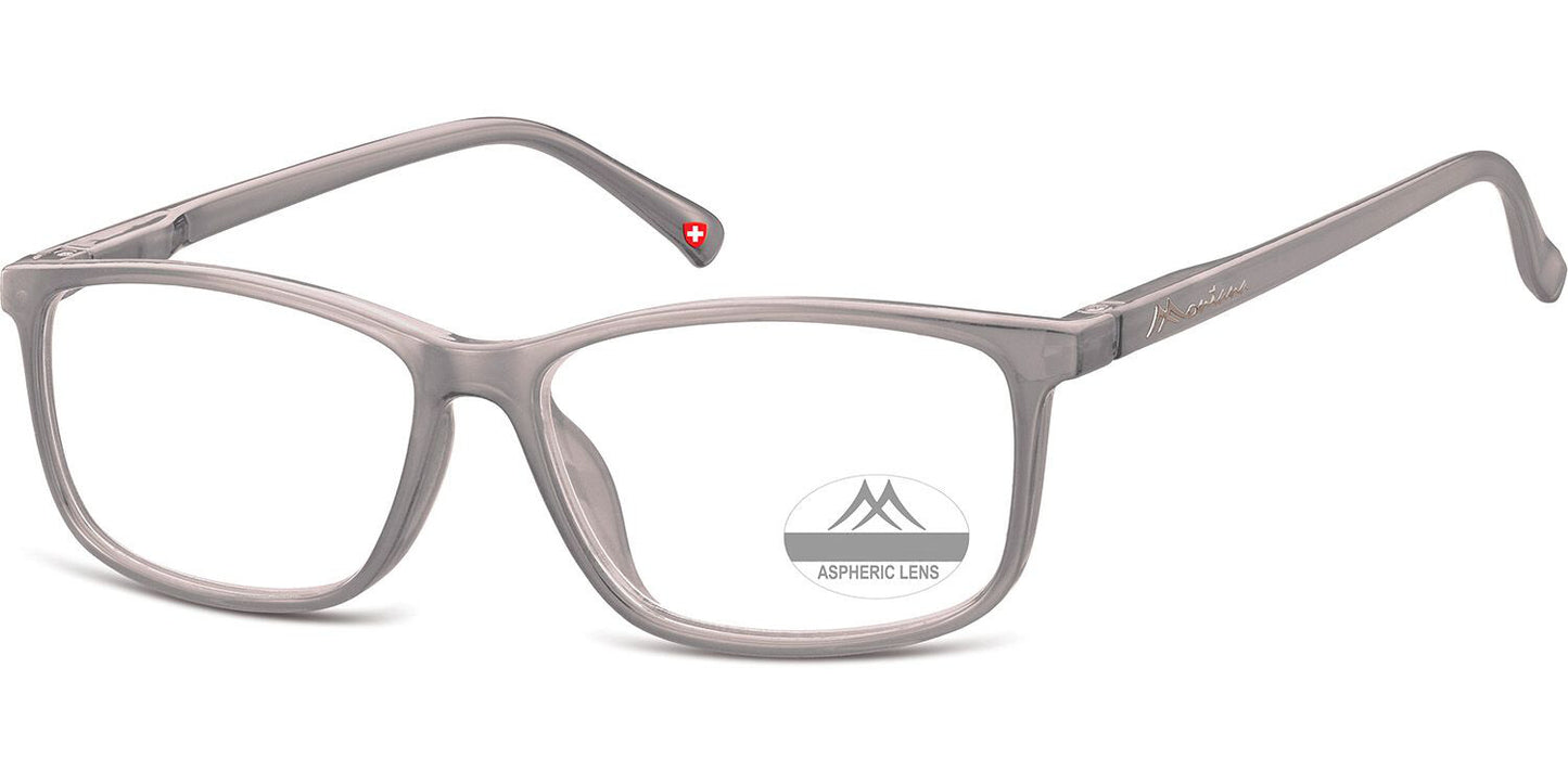 A Grey pair of rectangular Montana reading glasses model 62A with Montana branding to temple 