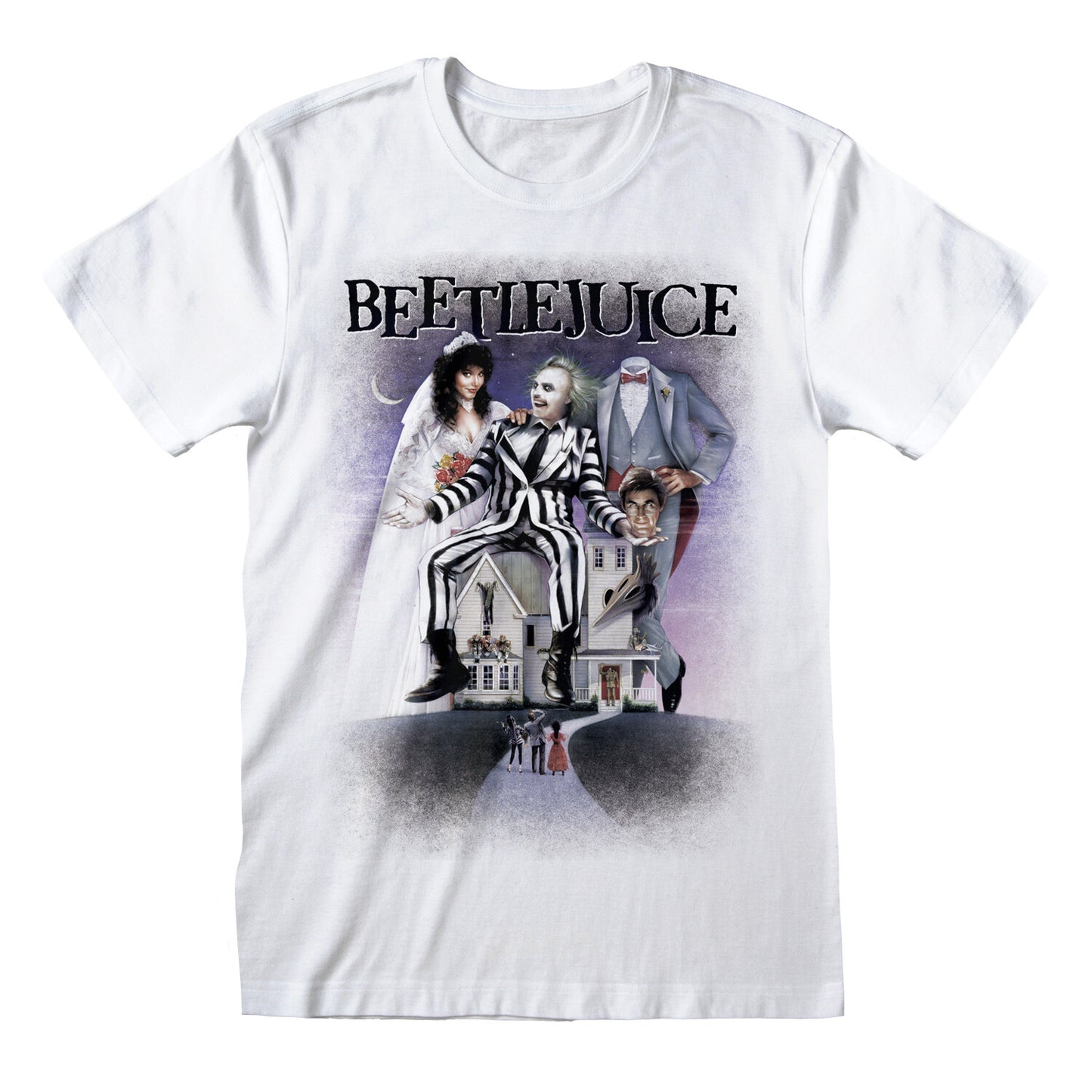 White official Beetlejuice t-shirt with 'Beetlejuice' poste graphic featuring characters and a house on the front.
