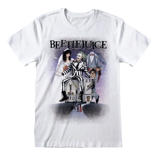White official Beetlejuice t-shirt with 'Beetlejuice' poste graphic featuring characters and a house on the front.