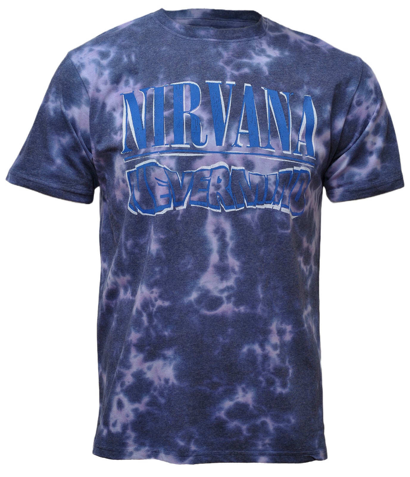 An official Nirvana Blue purple Tie Dye T Shirt with blue wavy Nirvana Nevermind logo on the front