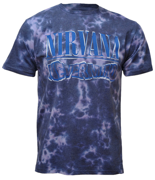 An official Nirvana Blue purple Tie Dye T Shirt with blue wavy Nirvana Nevermind logo on the front