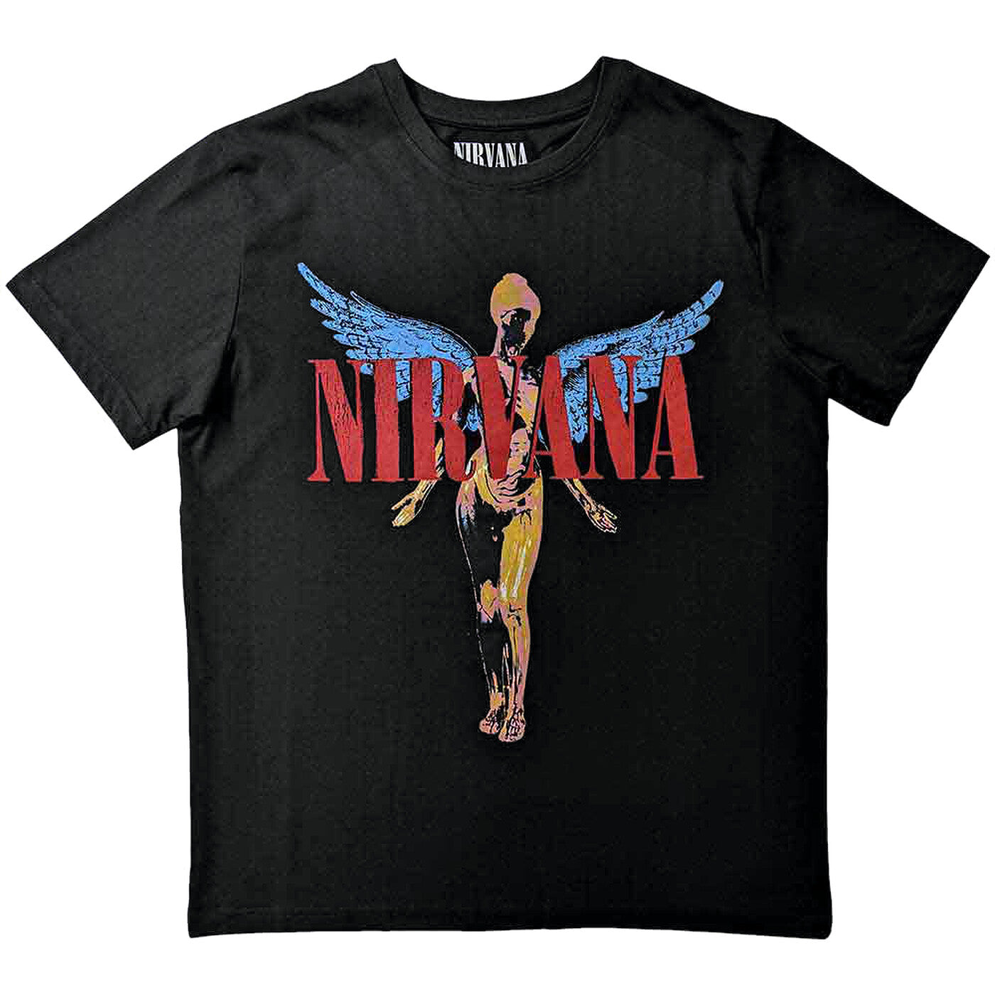 Black official Nirvana t-shirt with Nirvana logo and angelic in Utero album  Angel design on a white background