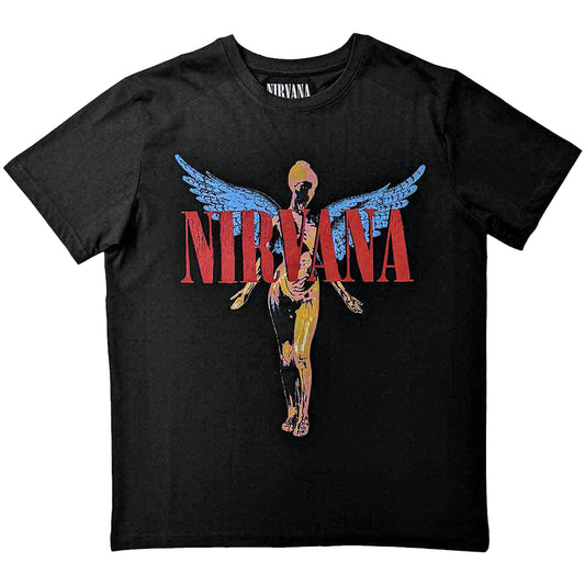 Black official Nirvana t-shirt with Nirvana logo and angelic in Utero album  Angel design on a white background