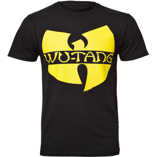 a black official Wu Tang Clan t shirt with a yellow Wu Tang Clan logo on the front