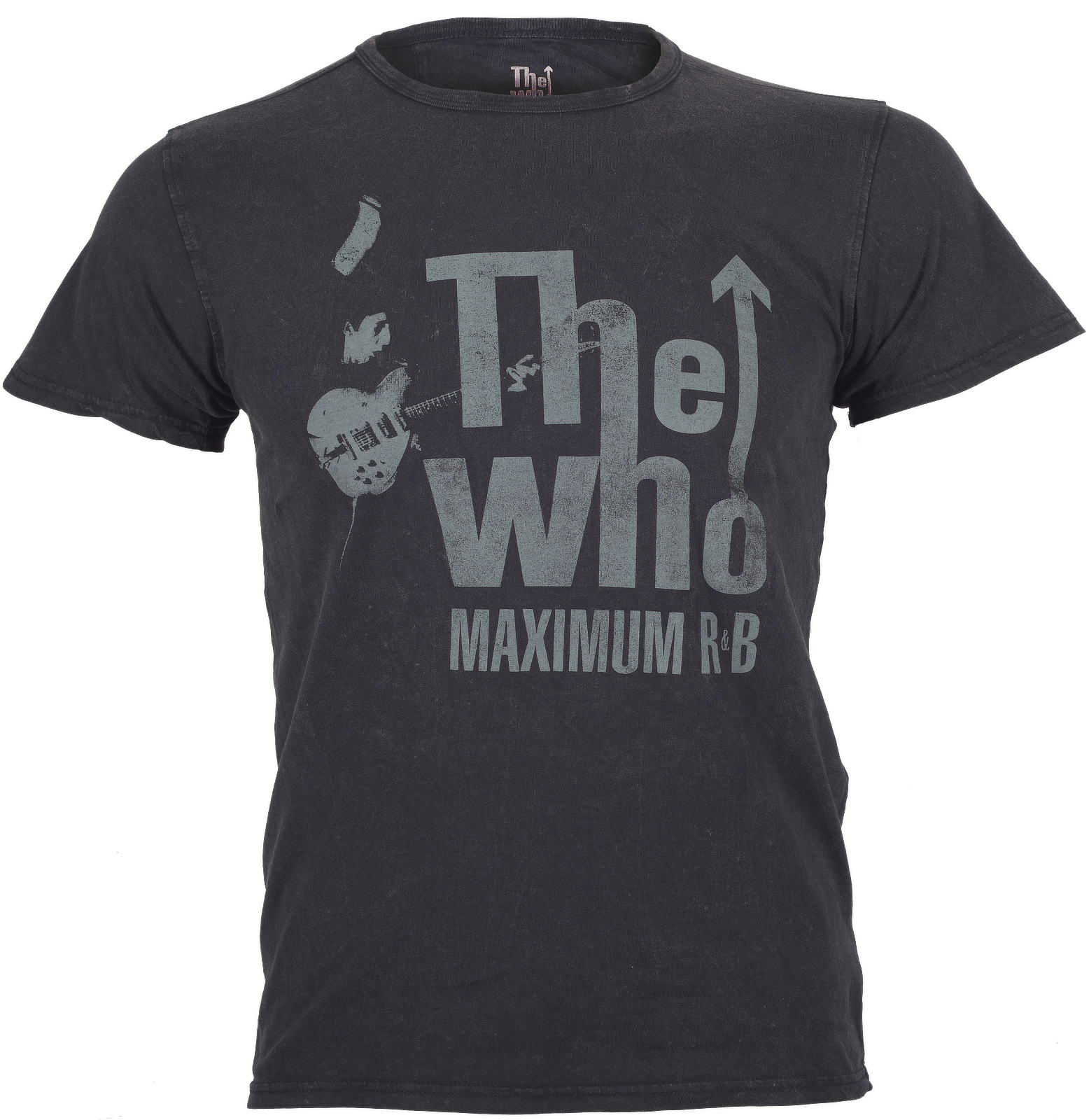 Official Black The Who t-shirt with 'The Who Maximum R&B' graphic design on a white background