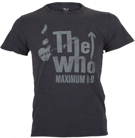 Official Black The Who t-shirt with 'The Who Maximum R&B' graphic design on a white background