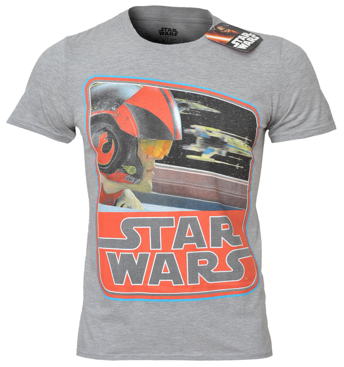 a grey star wars t shirt with an image of poe dameron on the front