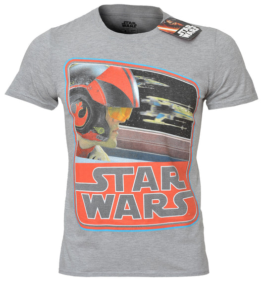 a grey star wars t shirt with an image of poe dameron on the front