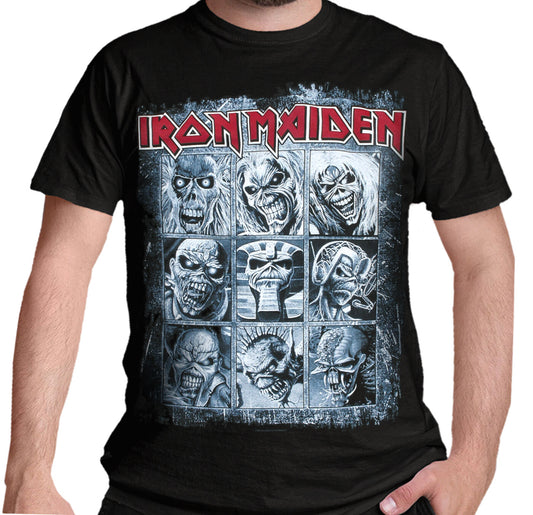 Official Iron Maiden Black t-shirt with Iron Maiden nine eddies in grid from various eras graphic design on front