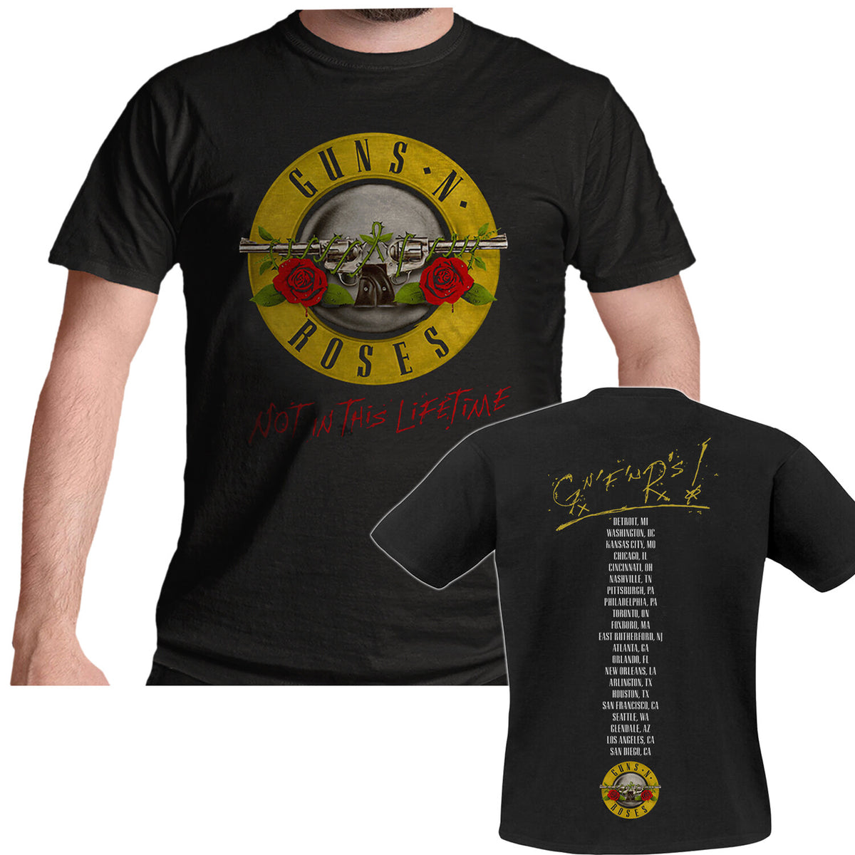 a black official Guns N Roses t shirt with a not in this lifetime tour graphic print on the front and  a list of tour venues on the back