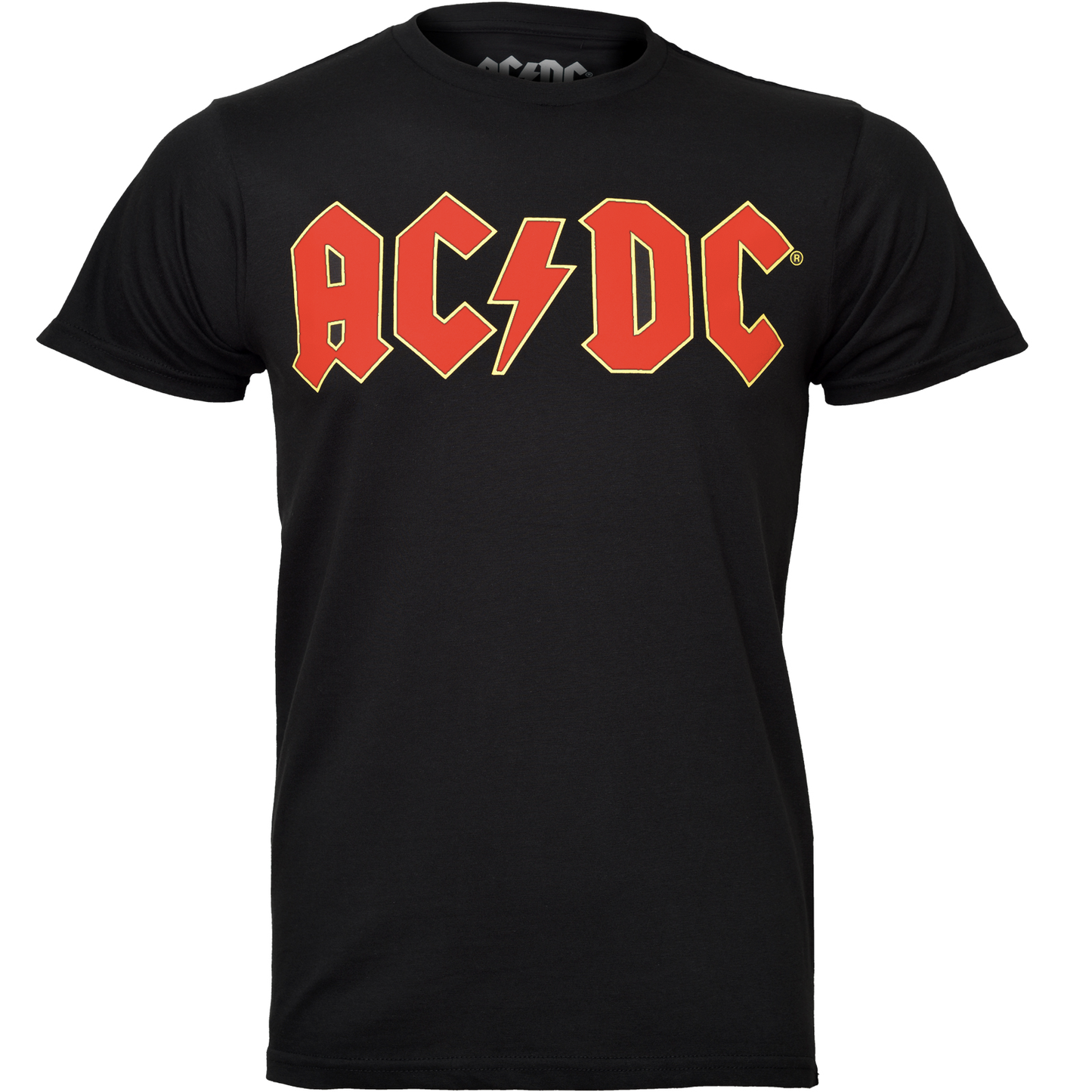 a black ac dc t shirt with the classic red logo o n the front
