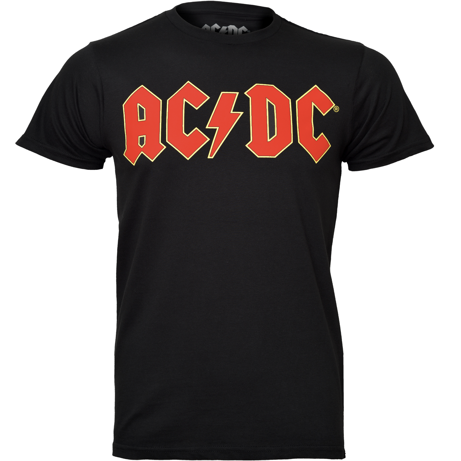 a black ac dc t shirt with the classic red logo o n the front