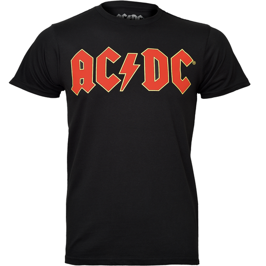 a black ac dc t shirt with the classic red logo o n the front