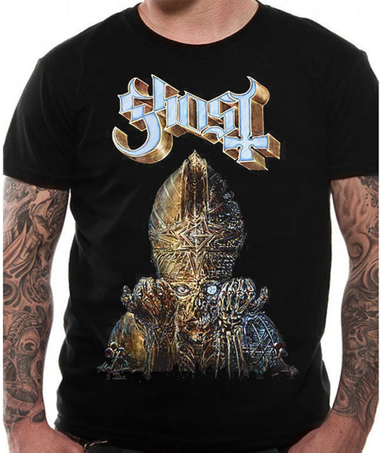 Offically licensed Ghost Impera Glow graphic design on the front of a black cotton t shirt