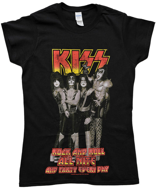 Official Black Ladies Kiss T Shirt with Band members and Rock and Roll All Nite Text on the front