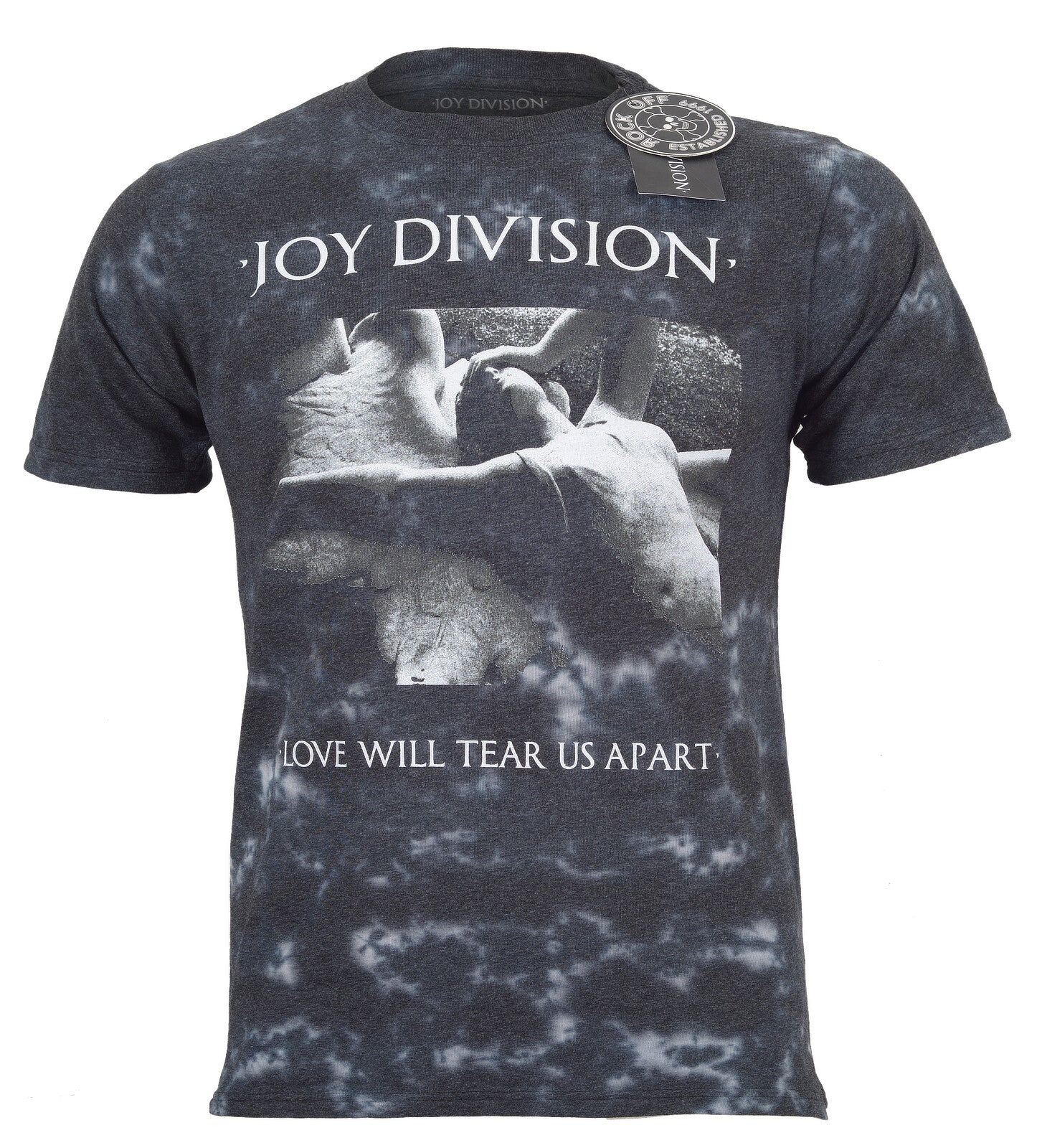 Official Joy Division Love will tear us apart grey tie dye style design T-shirt with Joy Division logo text and album art graphic art.
