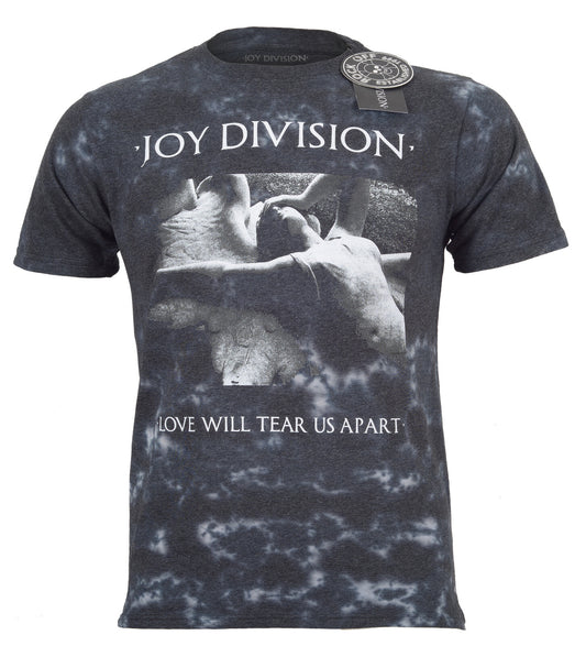 Official Joy Division Love will tear us apart grey tie dye style design T-shirt with Joy Division logo text and album art graphic art.