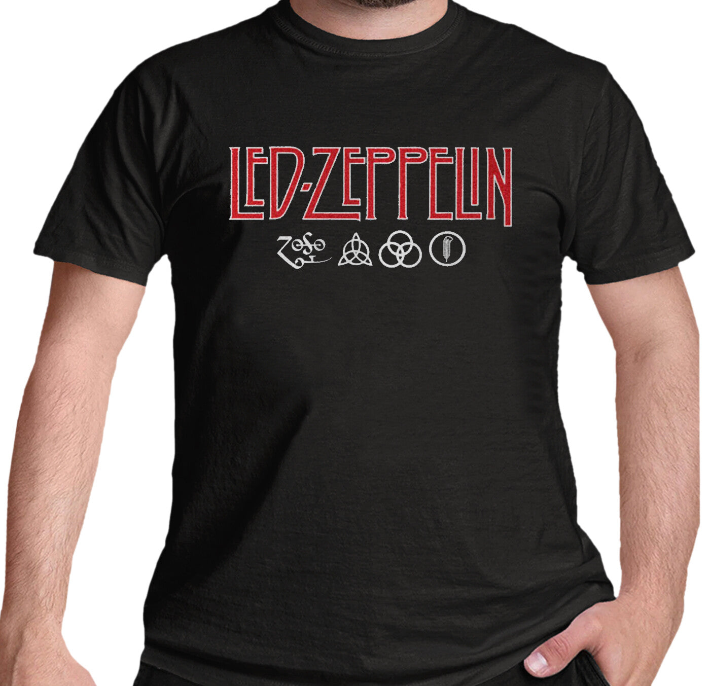 official black  unisex led zeppelin t shirt with led zeppelin logo and symbols on the front