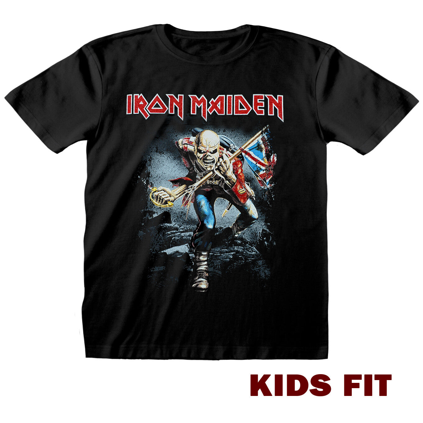 Officially lIcensed Iron Maiden The Trooper graphic design on a black t shirt featuring Eddie holding a Union Jack