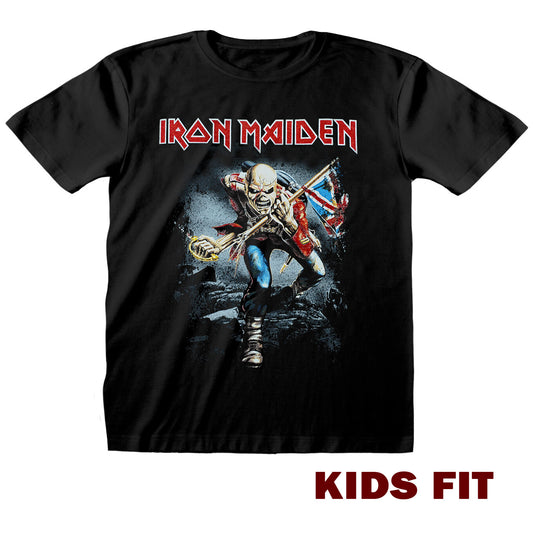 Officially lIcensed Iron Maiden The Trooper graphic design on a black t shirt featuring Eddie holding a Union Jack