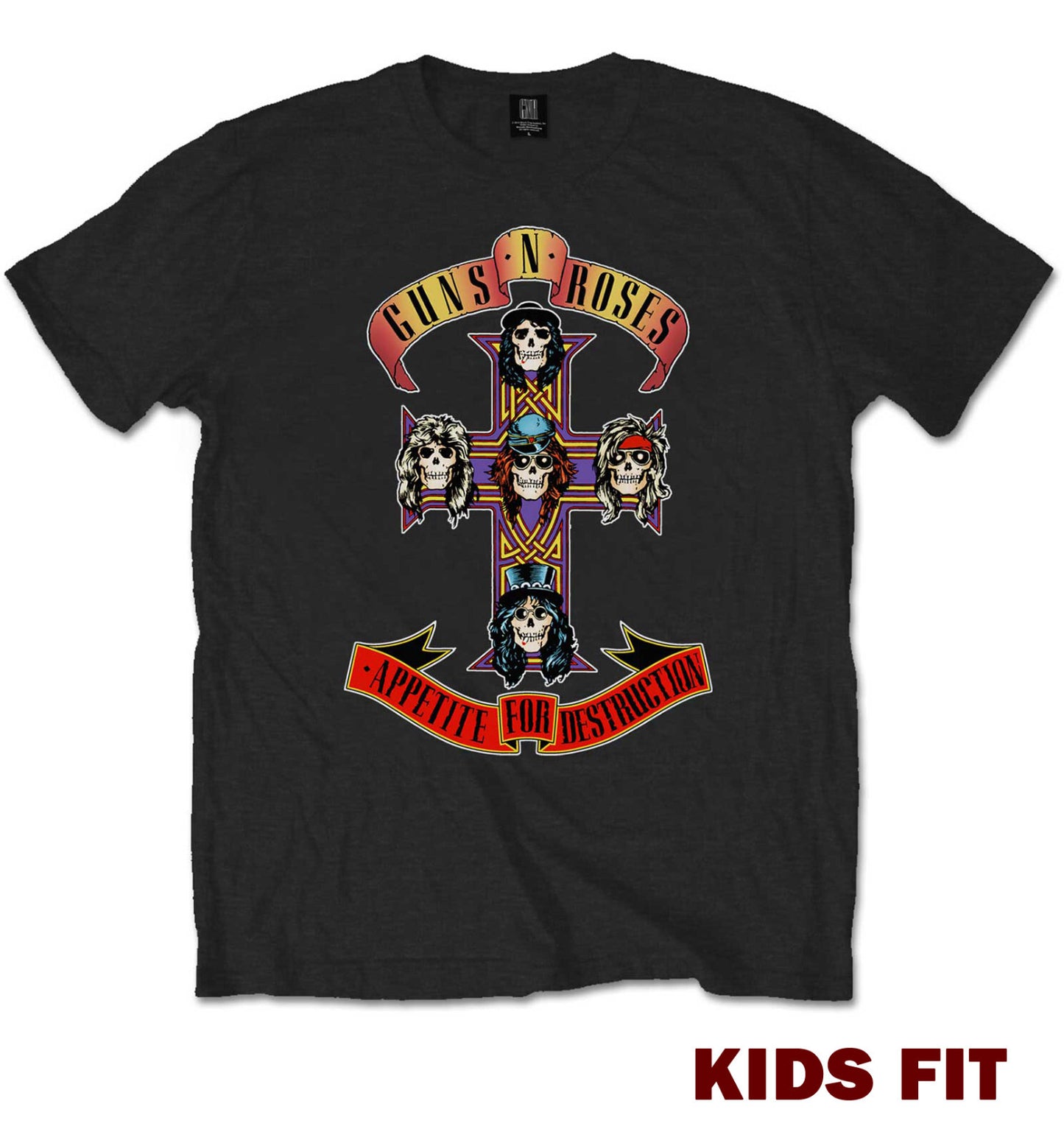 a childrens black officially licensed guns N' roses t shirt with Appetite for destruction graphic on the front