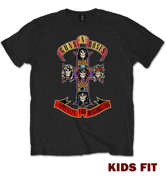 a childrens black officially licensed guns N' roses t shirt with Appetite for destruction graphic on the front