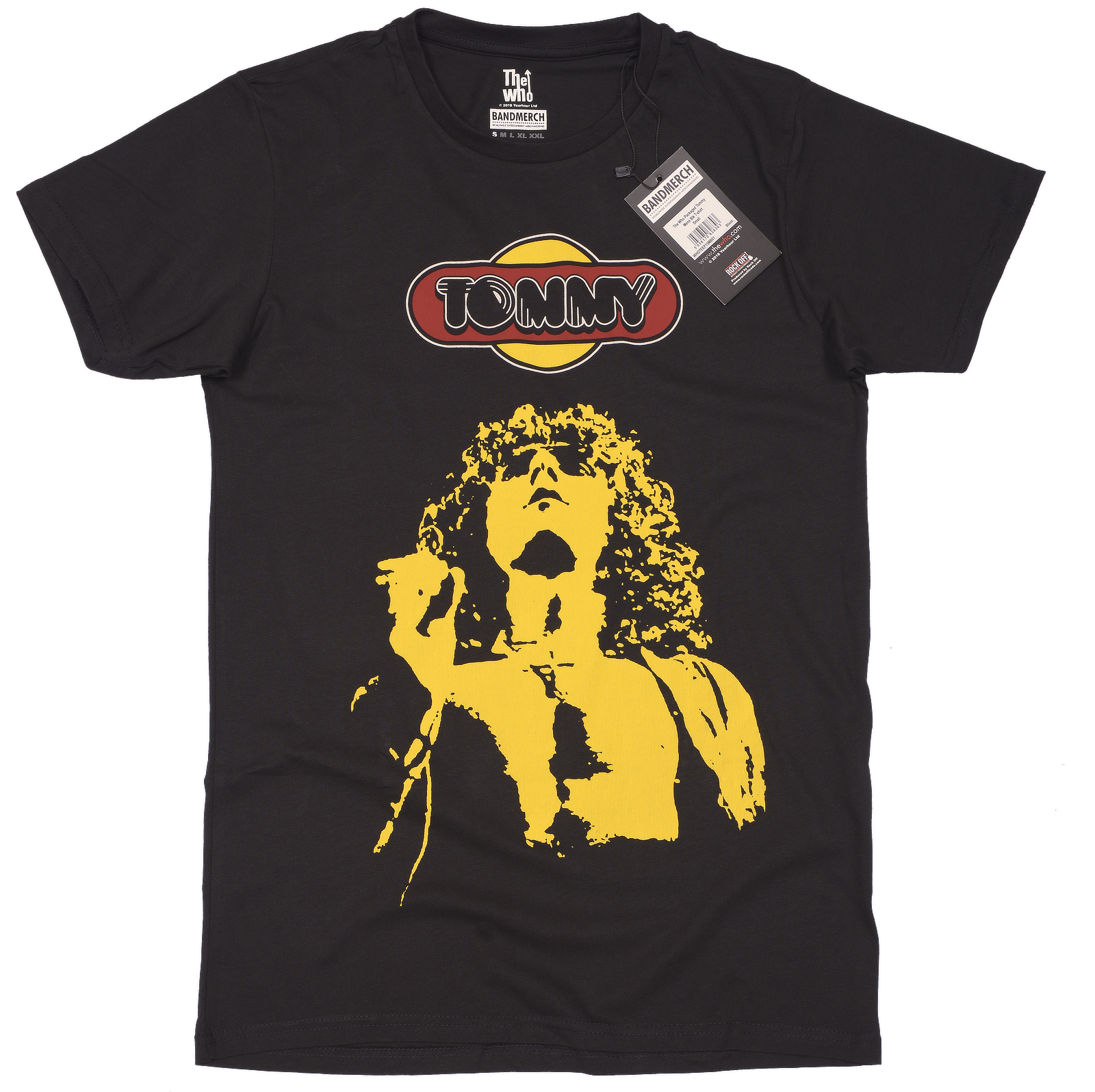 Black t-shirt with yellow graphic and 'Tommy' logo on a white background