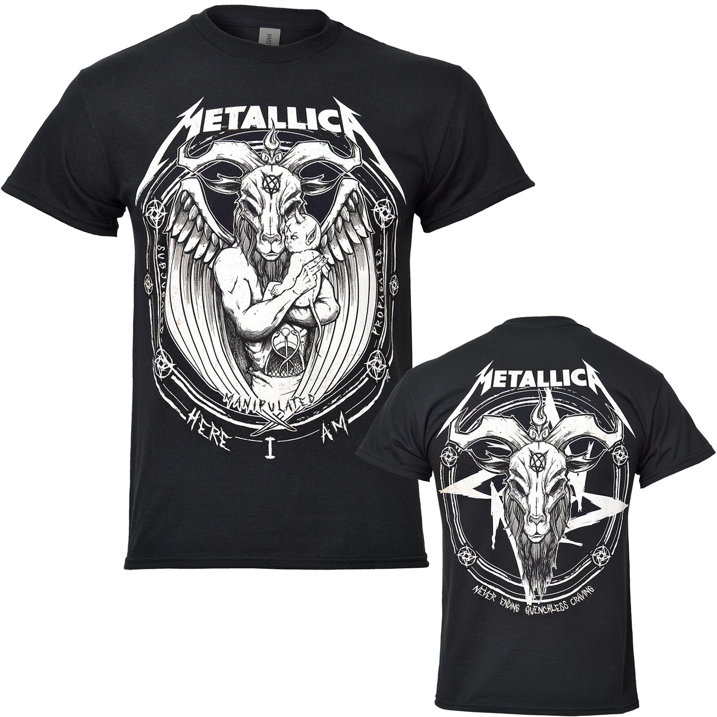 a black official metallica Darkness son t shirt with front graphic of a winged goat headed person holding a baby surrounded by symbols and text. and a goats head on the back with symbols and text