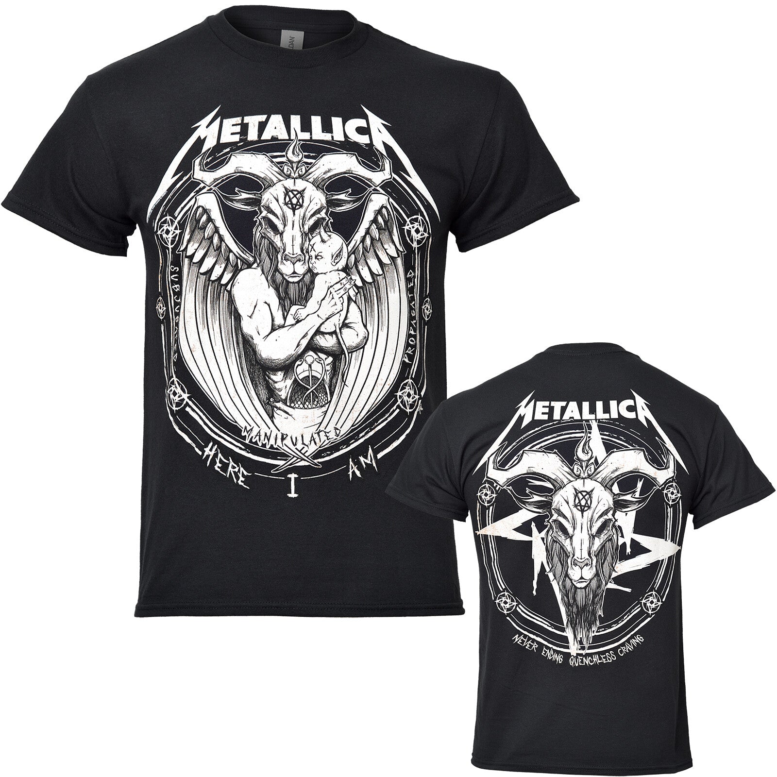 a black official metallica Darkness son t shirt with front graphic of a winged goat headed person holding a baby surrounded by symbols and text. and a goats head on the back with symbols and text
