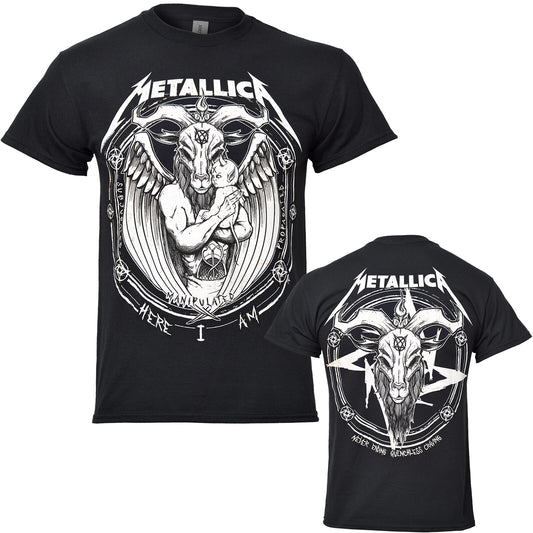 a black official metallica Darkness son t shirt with front graphic of a winged goat headed person holding a baby surrounded by symbols and text. and a goats head on the back with symbols and text