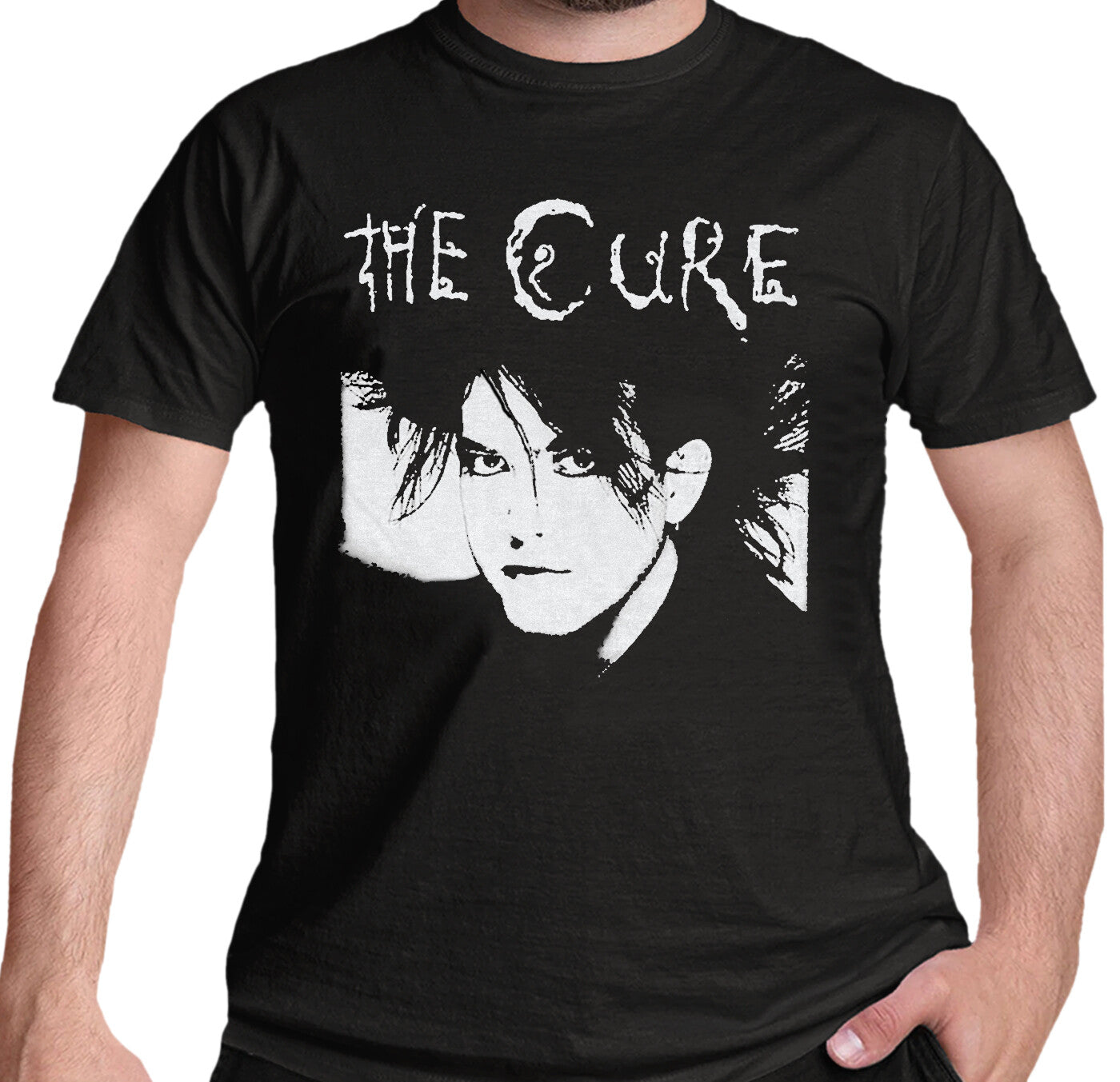 official black The Cure T Shirt with Robert Smith white graphic image print on front 